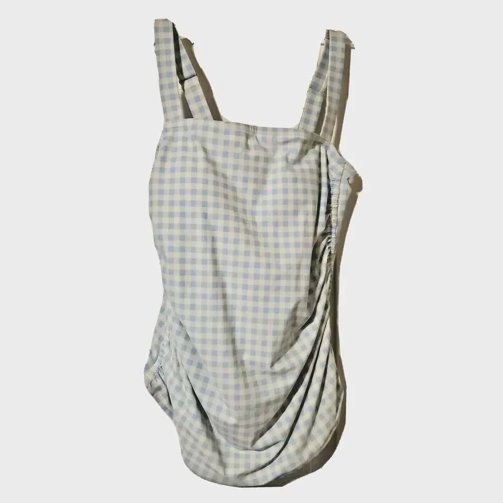 Kona Sol Womens Tankini Swim Top 14W Blue White Plaid Rouched Side Beach
